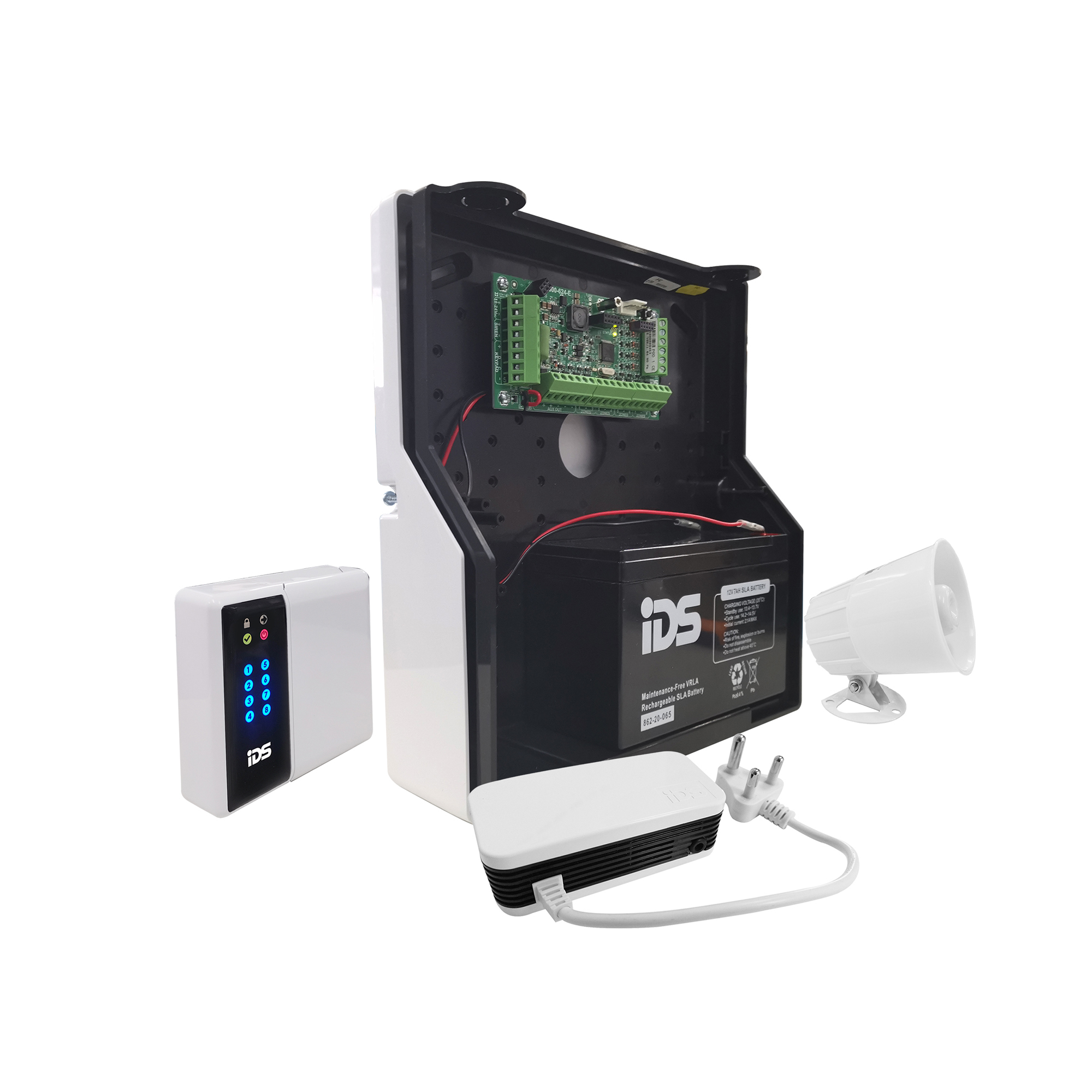 IDS 900-806-KIT1 IDS 806 Base Kit; 8 zone Control Panel,LED Classic KP, 24v PSU, 15w Siren, 12v 7ah Sealed lead acid battery. R2,750.00